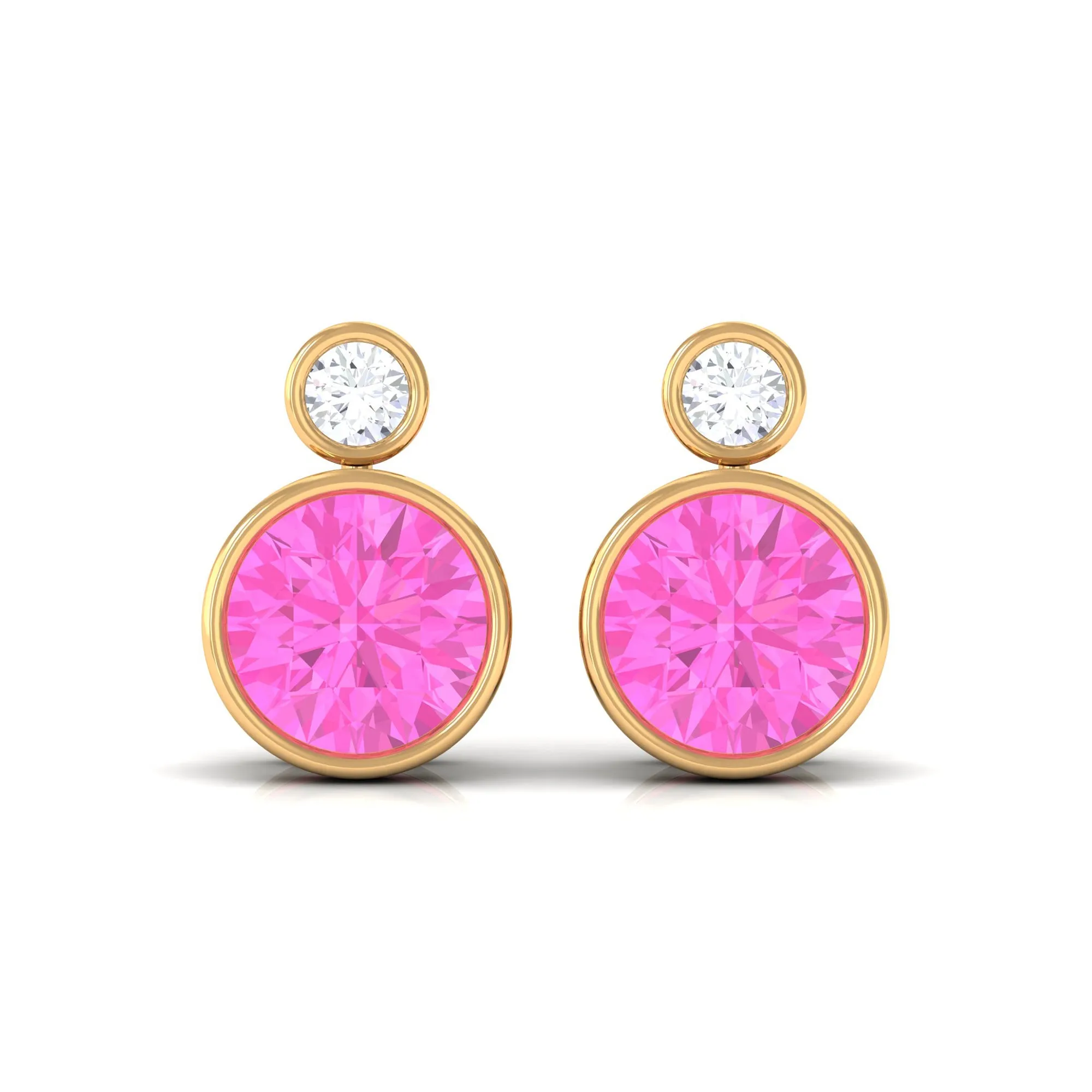 Bezel Set Round Pink Sapphire and Diamond Solitaire Stud Earrings