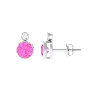 Bezel Set Round Pink Sapphire and Diamond Solitaire Stud Earrings
