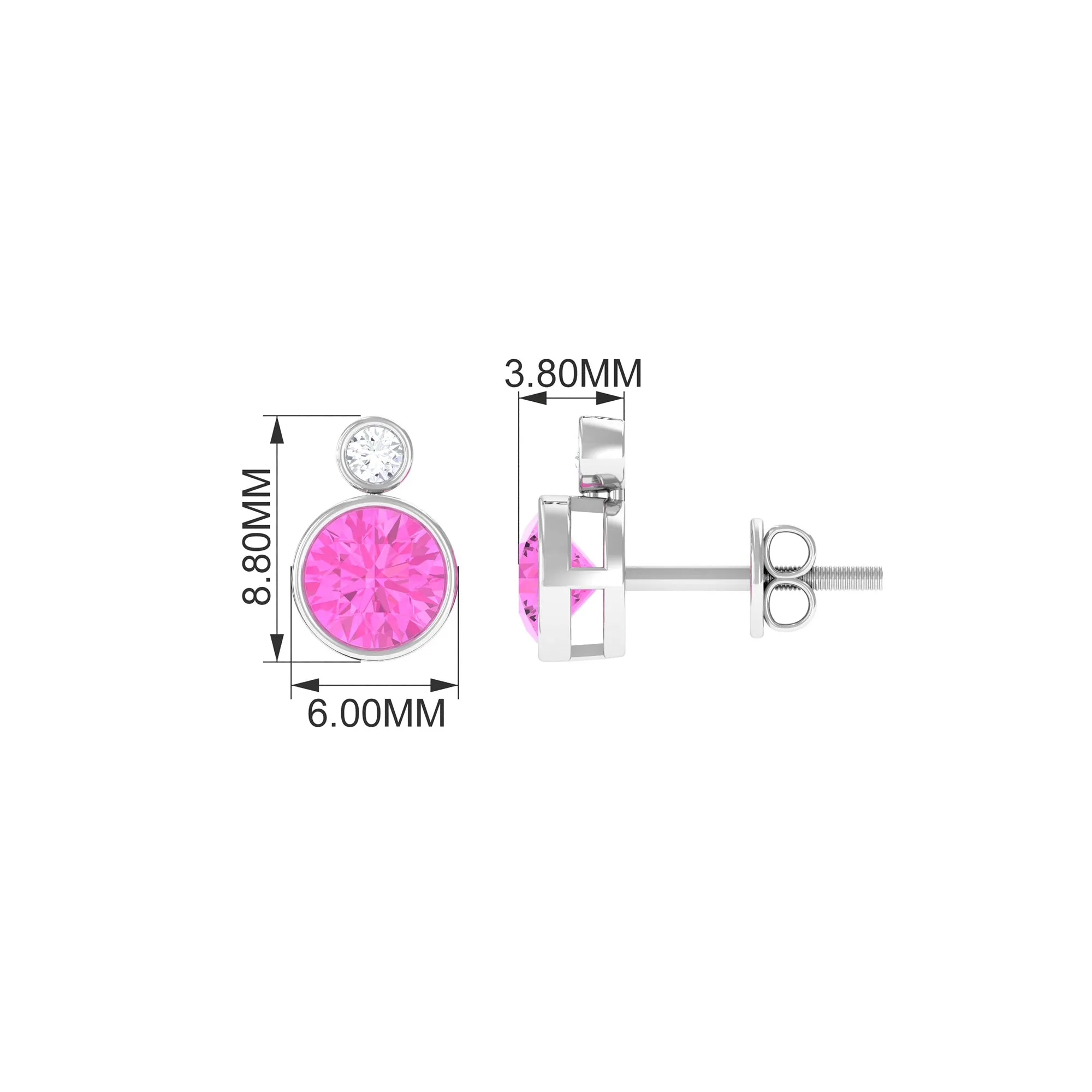 Bezel Set Round Pink Sapphire and Diamond Solitaire Stud Earrings
