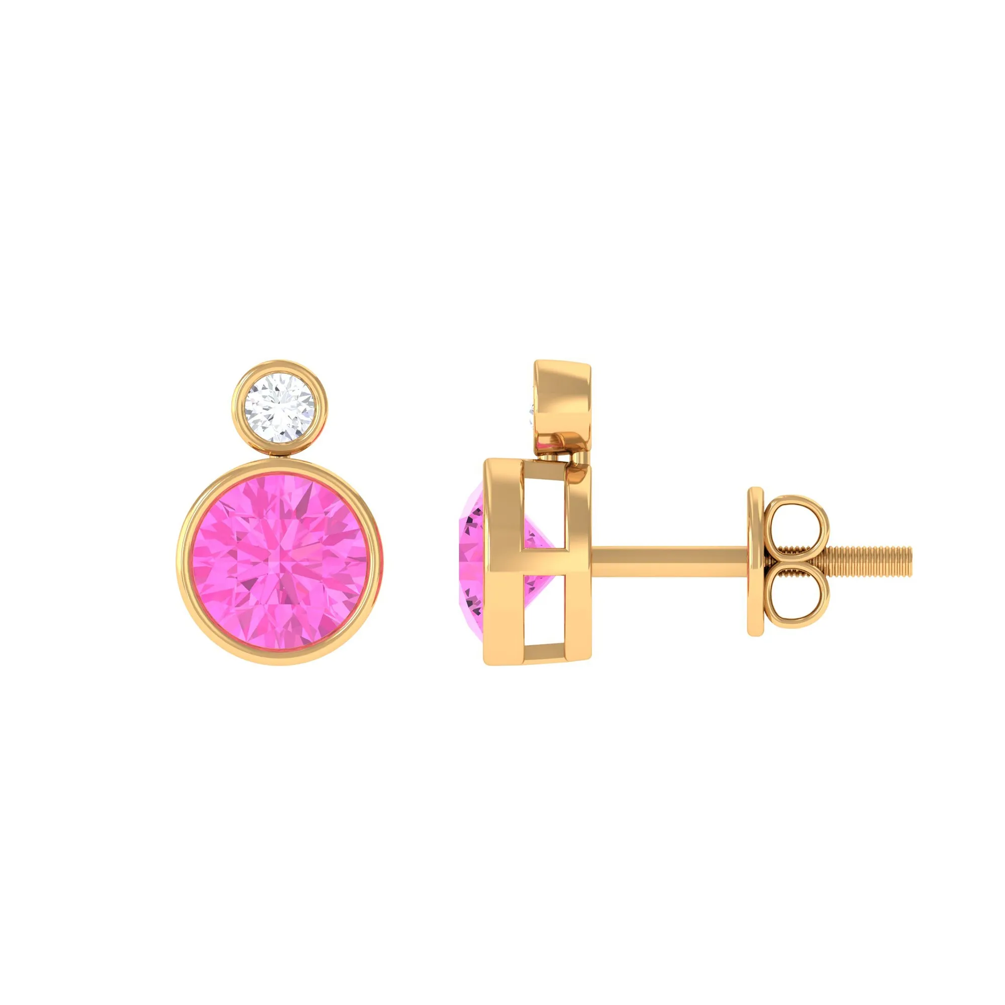 Bezel Set Round Pink Sapphire and Diamond Solitaire Stud Earrings