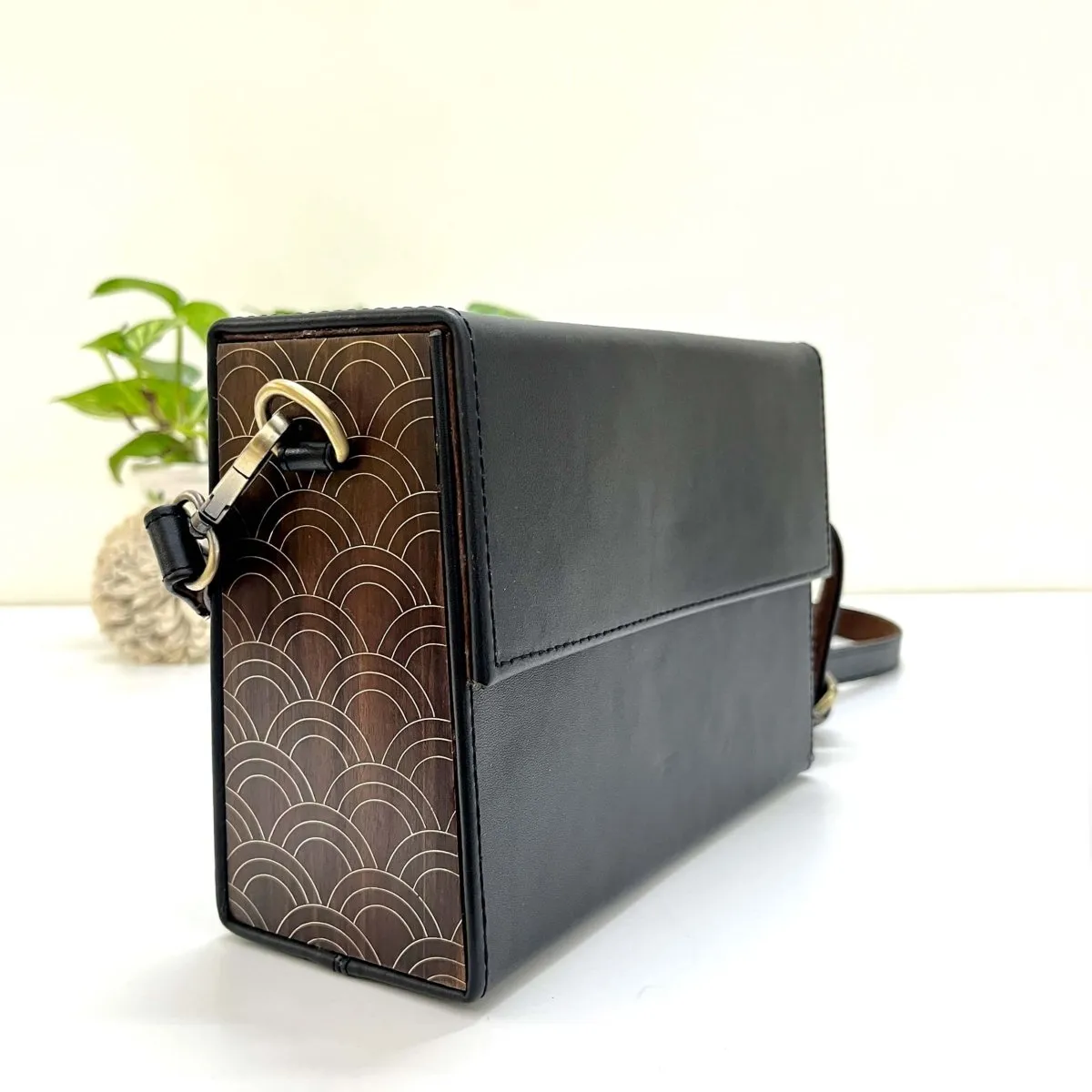 Black-Brown Leather & Wood Brass Scallop Sling Box Bag