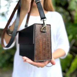 Black-Brown Leather & Wood Brass Scallop Sling Box Bag