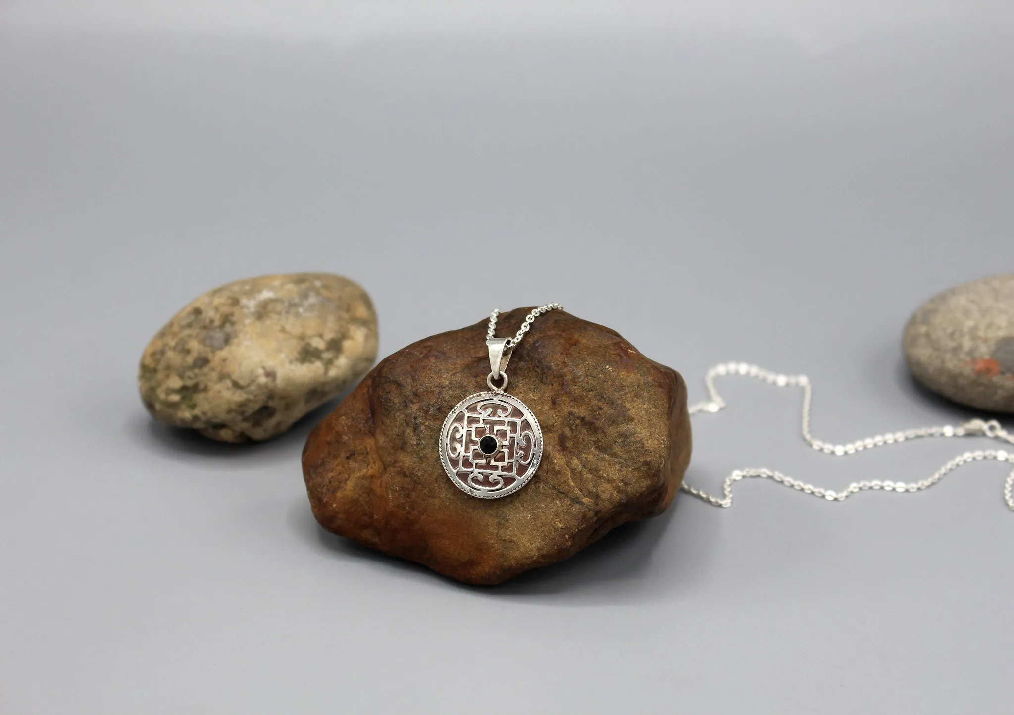 Black Onyx Inlaid Mandala Sterling Silver Pendant