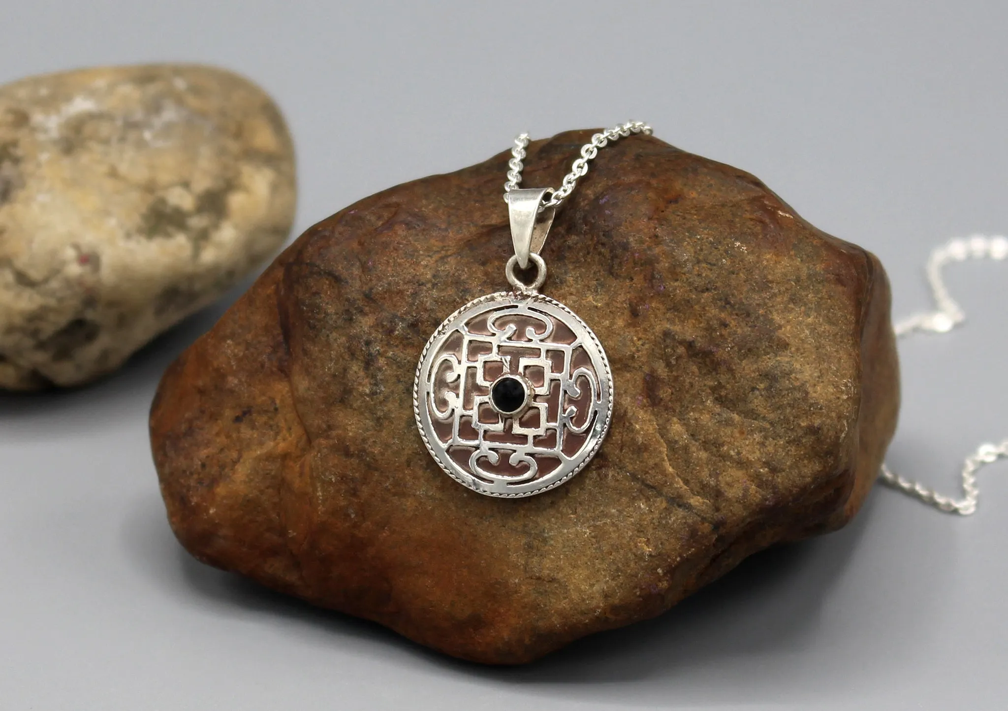 Black Onyx Inlaid Mandala Sterling Silver Pendant