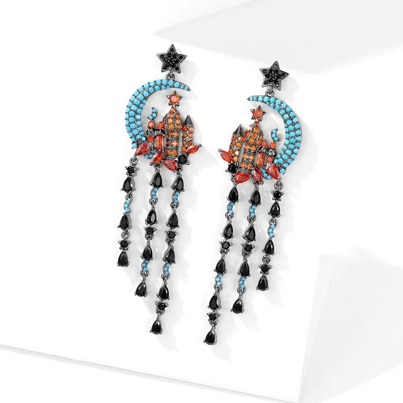 Castle Moon Stars Water Drop Fringed 925 Silver Needles Long Boho Earrings