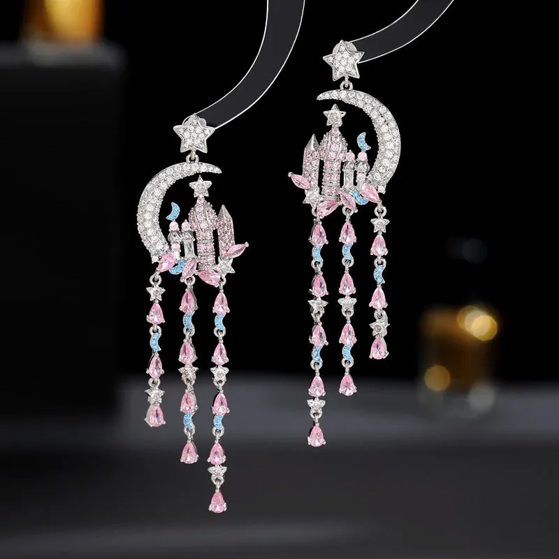 Castle Moon Stars Water Drop Fringed 925 Silver Needles Long Boho Earrings