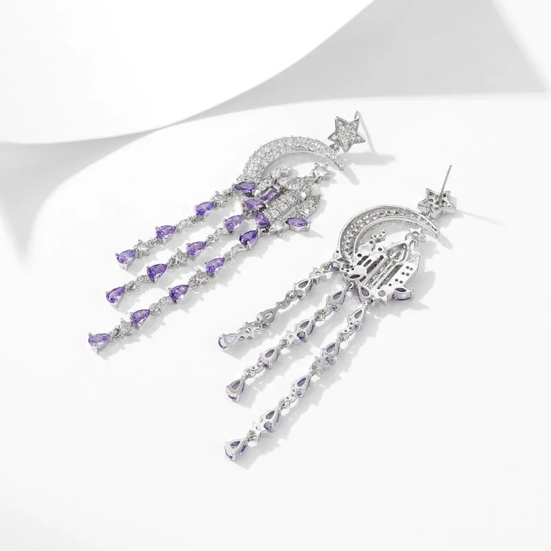 Castle Moon Stars Water Drop Fringed 925 Silver Needles Long Boho Earrings