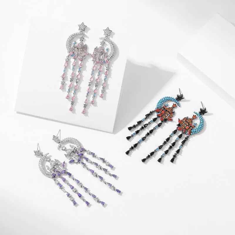 Castle Moon Stars Water Drop Fringed 925 Silver Needles Long Boho Earrings