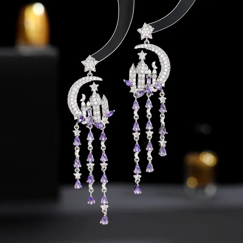 Castle Moon Stars Water Drop Fringed 925 Silver Needles Long Boho Earrings
