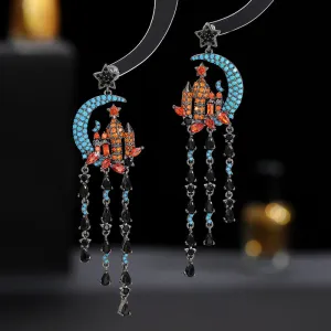Castle Moon Stars Water Drop Fringed 925 Silver Needles Long Boho Earrings
