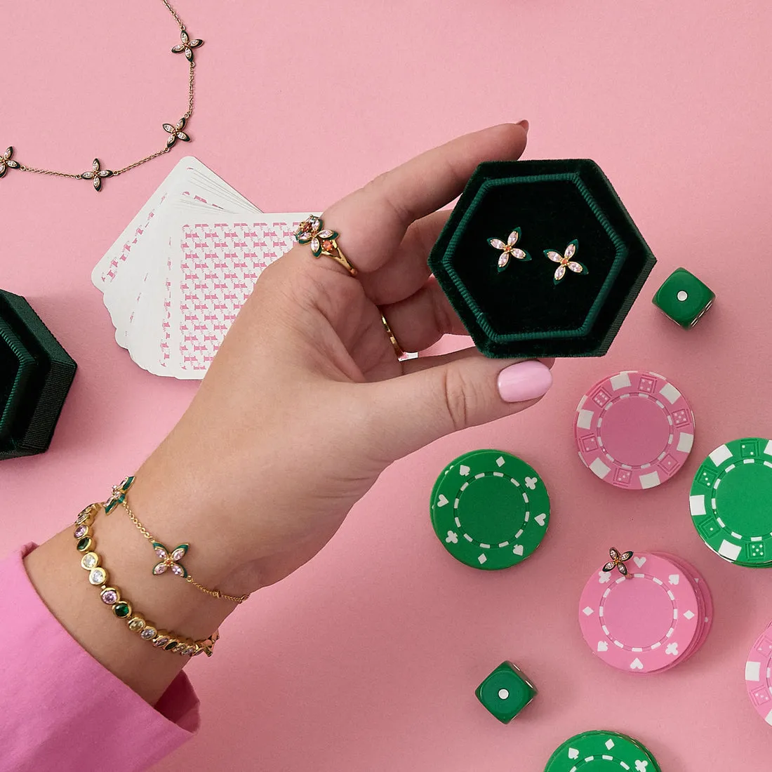 Clover Emerald Enamel, Blush, Orange CZ and Gold Studs
