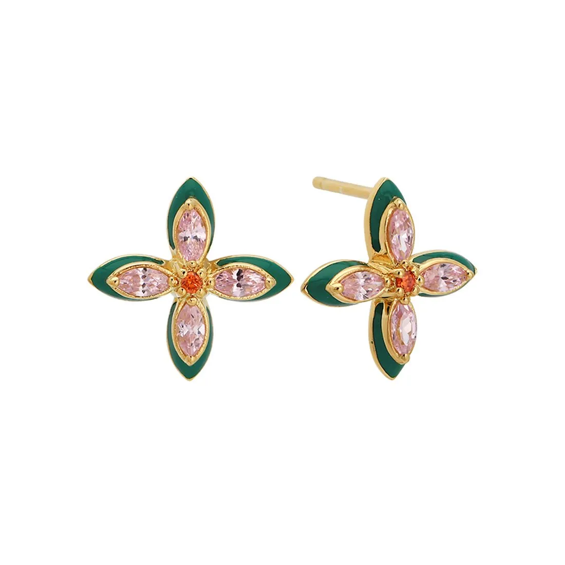 Clover Emerald Enamel, Blush, Orange CZ and Gold Studs