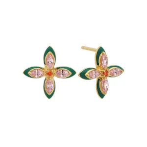 Clover Emerald Enamel, Blush, Orange CZ and Gold Studs