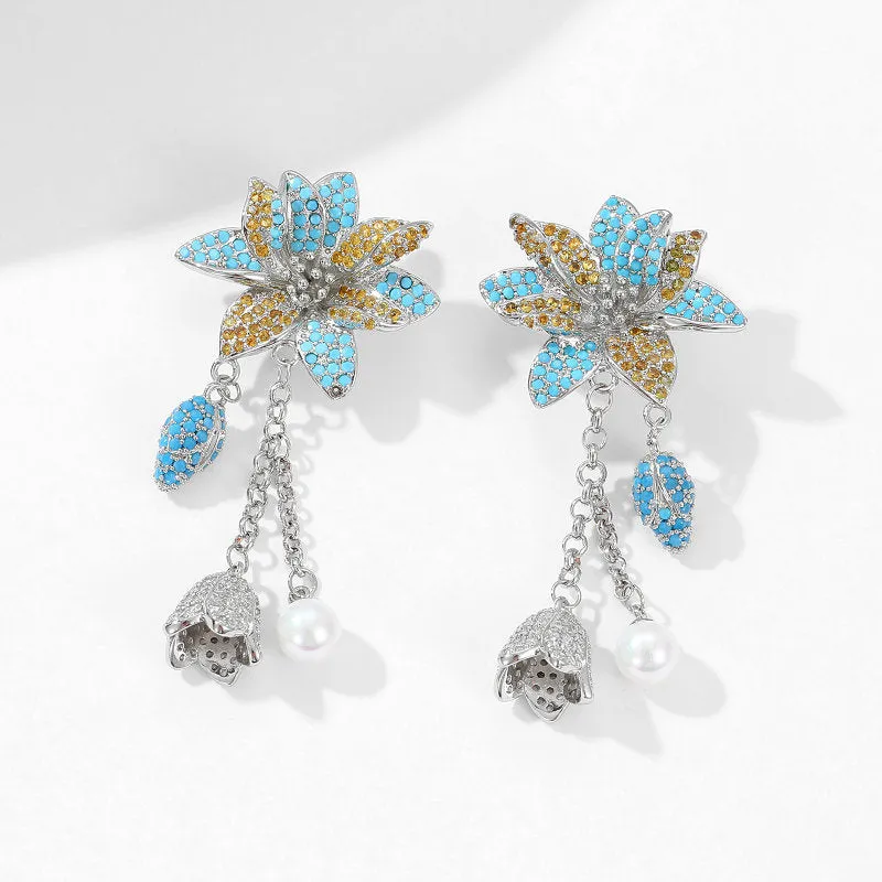 Colorful Stereoscopic Floral Pearl Bell Fringed 925 Silver Needles Boho Earrings