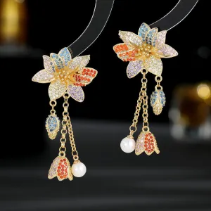 Colorful Stereoscopic Floral Pearl Bell Fringed 925 Silver Needles Boho Earrings