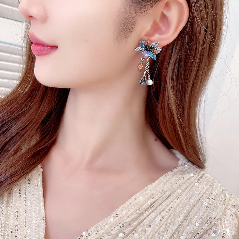 Colorful Stereoscopic Floral Pearl Bell Fringed 925 Silver Needles Boho Earrings
