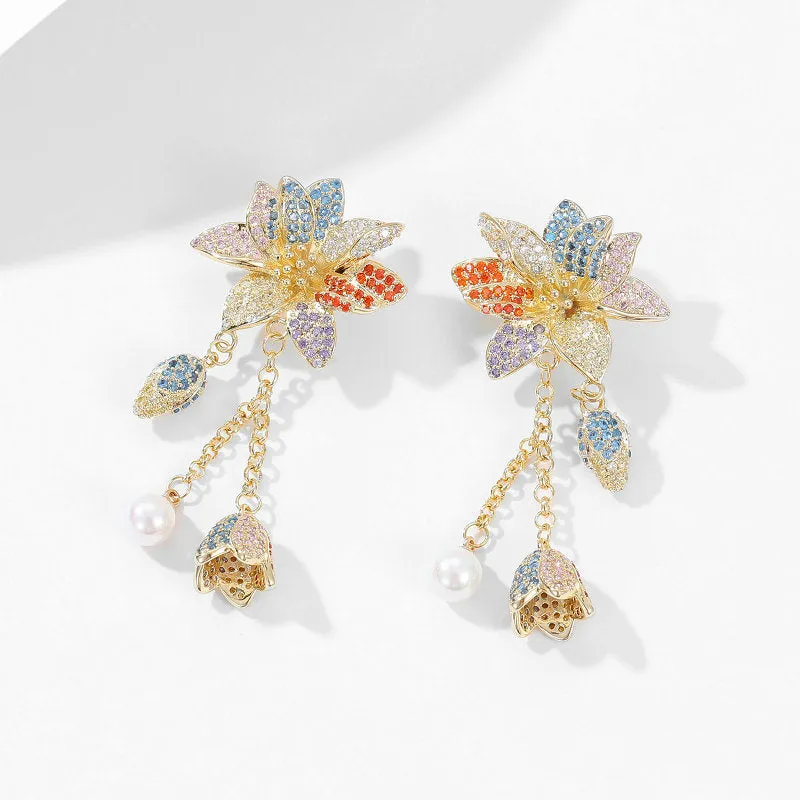 Colorful Stereoscopic Floral Pearl Bell Fringed 925 Silver Needles Boho Earrings