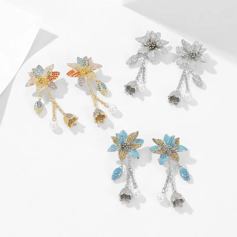 Colorful Stereoscopic Floral Pearl Bell Fringed 925 Silver Needles Boho Earrings