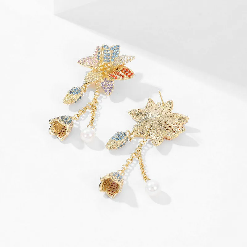 Colorful Stereoscopic Floral Pearl Bell Fringed 925 Silver Needles Boho Earrings
