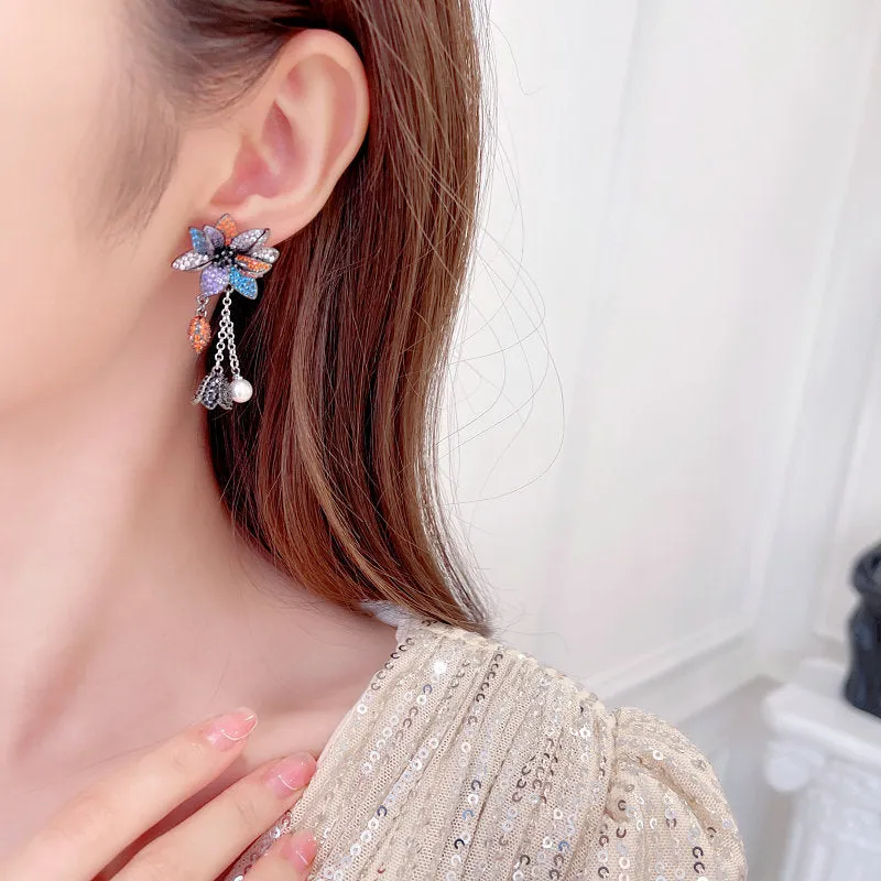 Colorful Stereoscopic Floral Pearl Bell Fringed 925 Silver Needles Boho Earrings
