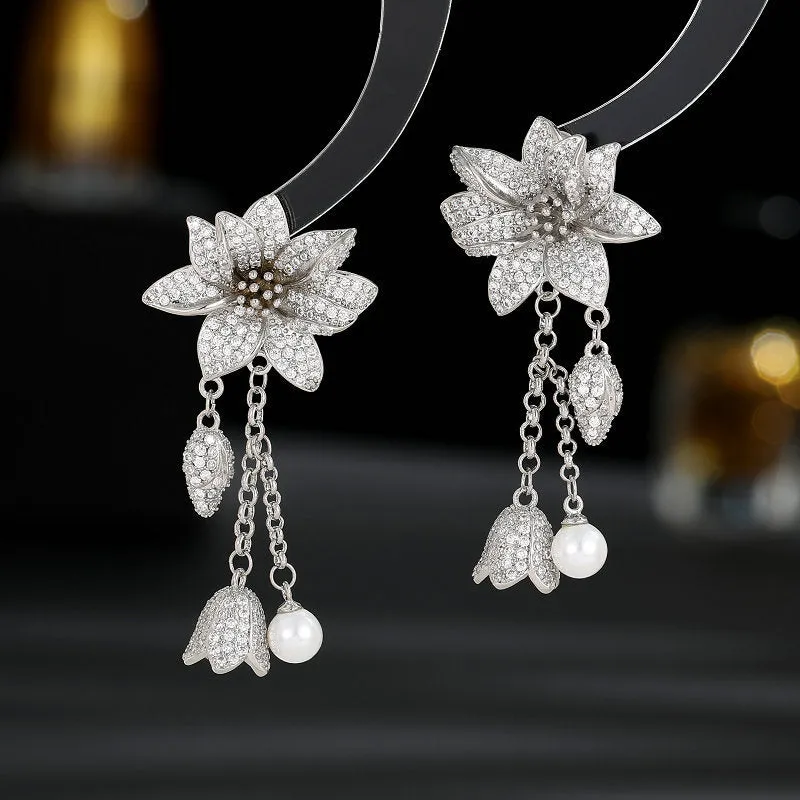 Colorful Stereoscopic Floral Pearl Bell Fringed 925 Silver Needles Boho Earrings