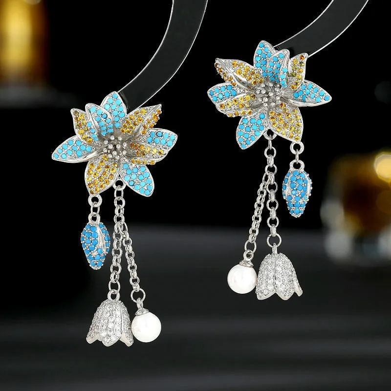 Colorful Stereoscopic Floral Pearl Bell Fringed 925 Silver Needles Boho Earrings