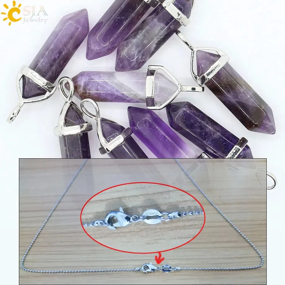 CSJA Crystal Necklaces Natural Gem Stone Quartz Necklace Pendant Chakra Hexagonal Bullet Amethysts Pink Quartz Lapis Lazuli G957