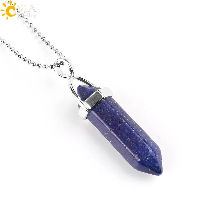 CSJA Crystal Necklaces Natural Gem Stone Quartz Necklace Pendant Chakra Hexagonal Bullet Amethysts Pink Quartz Lapis Lazuli G957