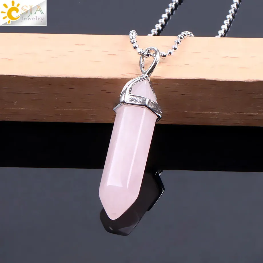CSJA Crystal Necklaces Natural Gem Stone Quartz Necklace Pendant Chakra Hexagonal Bullet Amethysts Pink Quartz Lapis Lazuli G957