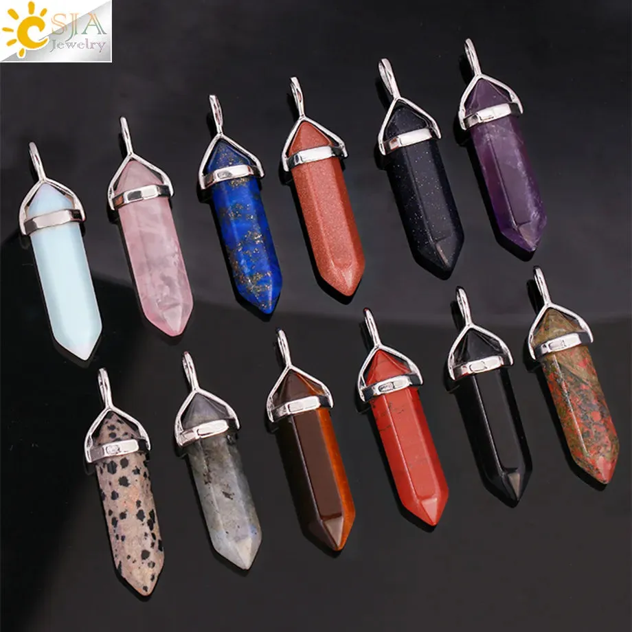 CSJA Crystal Necklaces Natural Gem Stone Quartz Necklace Pendant Chakra Hexagonal Bullet Amethysts Pink Quartz Lapis Lazuli G957