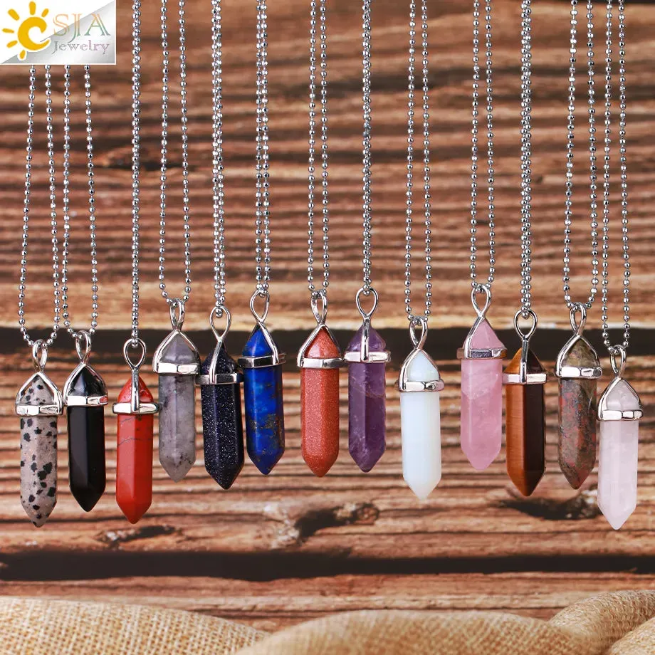 CSJA Crystal Necklaces Natural Gem Stone Quartz Necklace Pendant Chakra Hexagonal Bullet Amethysts Pink Quartz Lapis Lazuli G957