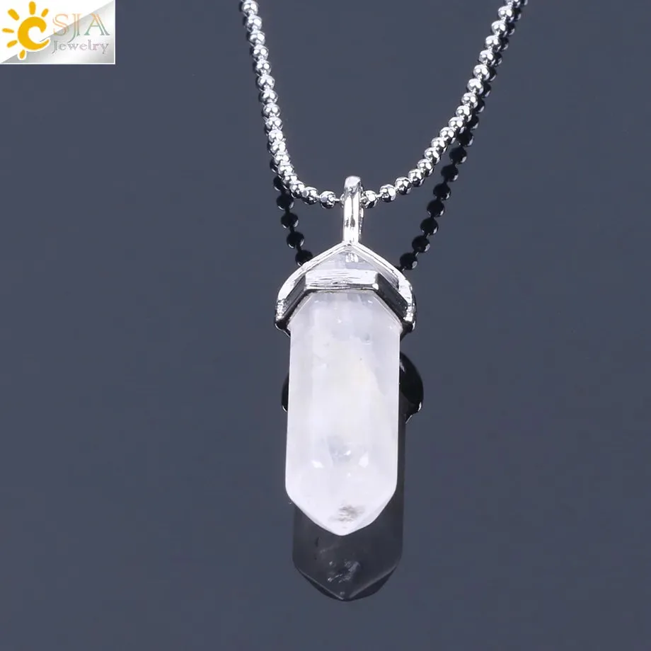 CSJA Crystal Necklaces Natural Gem Stone Quartz Necklace Pendant Chakra Hexagonal Bullet Amethysts Pink Quartz Lapis Lazuli G957