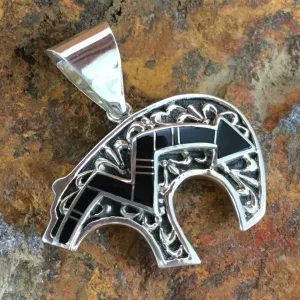 David Rosales Black Jade Inlaid Sterling Silver Pendant Bear
