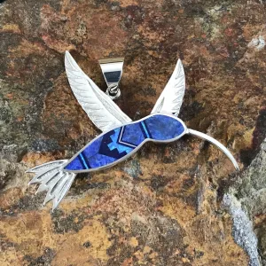 David Rosales Blue Sky Inlaid Sterling Silver Pendant Hummingbird
