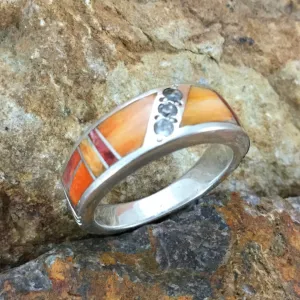 David Rosales Desert Fire Inlaid Sterling Silver Ring w/ Cubic Zirconia