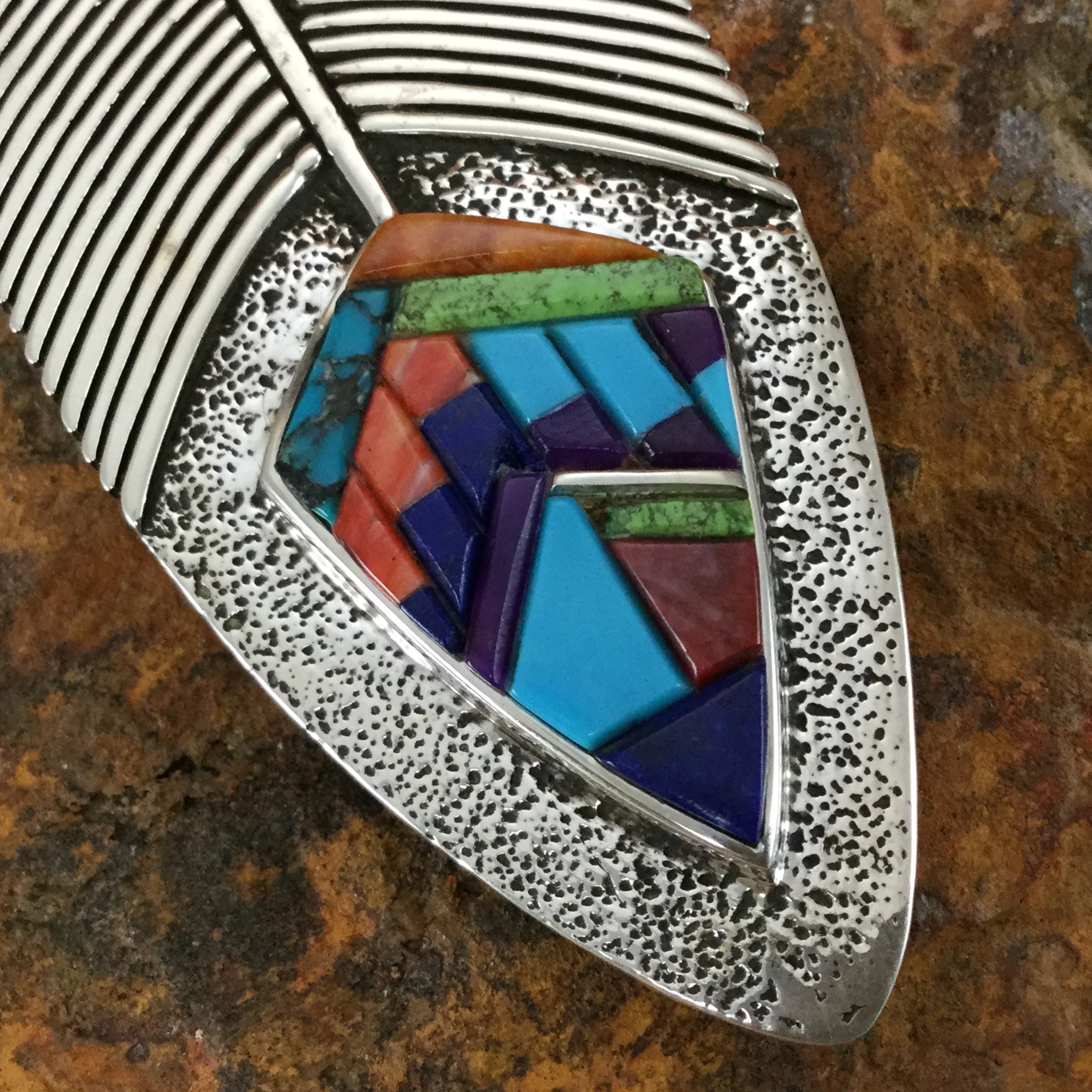 David Rosales Indian Summer Inlaid Sterling Silver Pendant Princess Feather