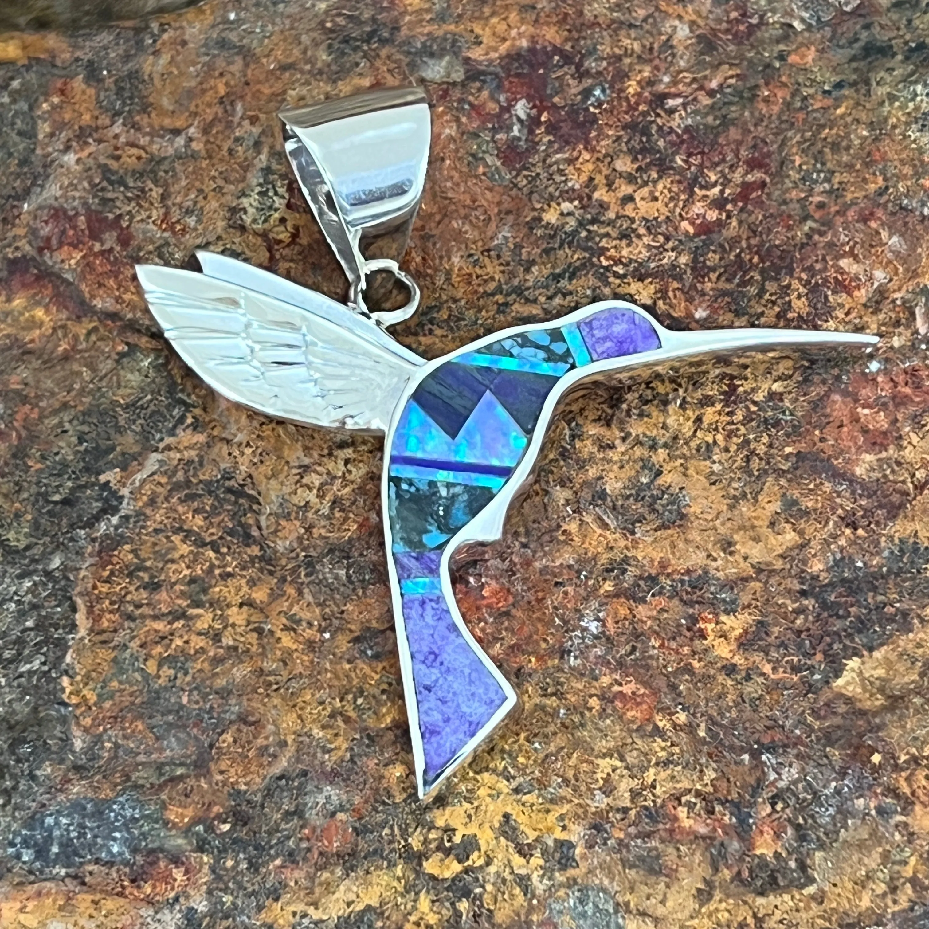 David Rosales Shalako Fancy Inlaid Sterling Silver Pendant Hummingbird