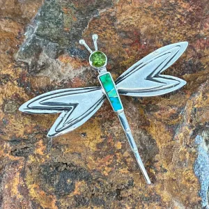 David Rosales Sonoran Gold Inlaid Sterling Silver Pendant/Pin Dragonfly w/ Peridot