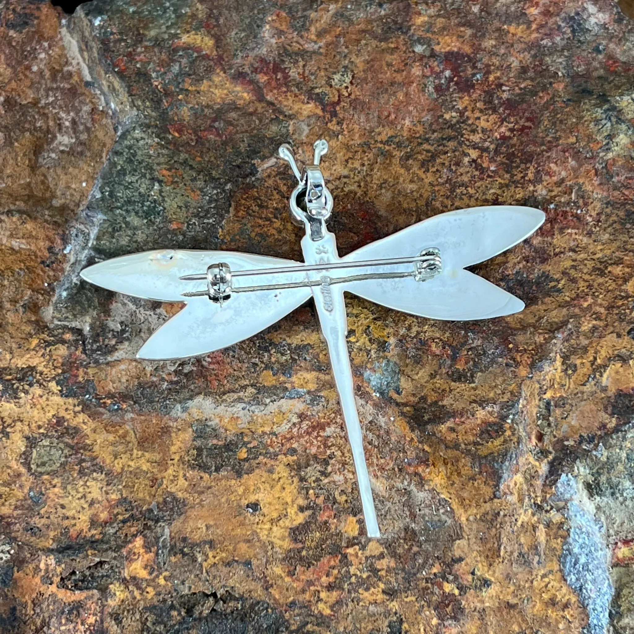 David Rosales Sonoran Gold Inlaid Sterling Silver Pendant/Pin Dragonfly w/ Peridot