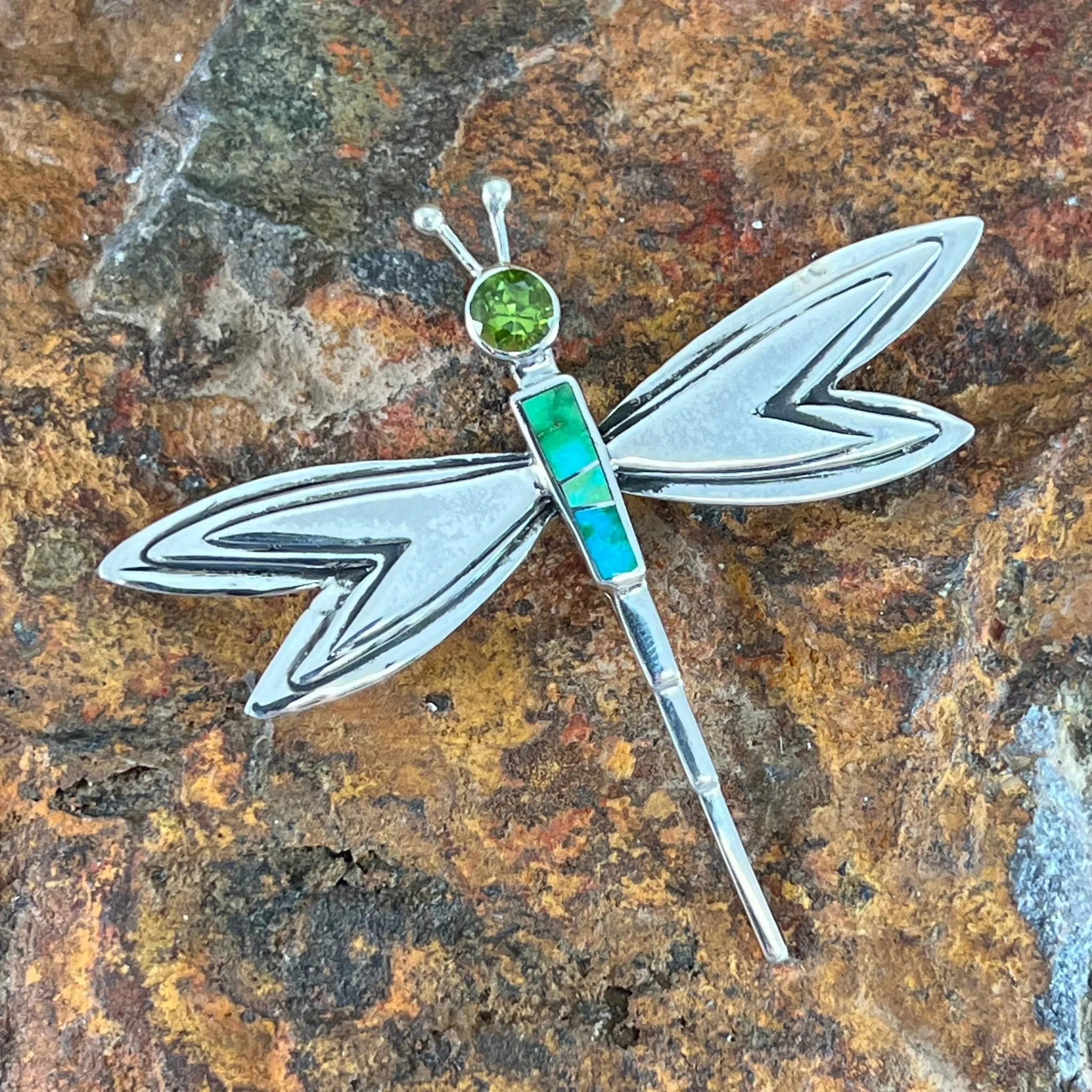 David Rosales Sonoran Gold Inlaid Sterling Silver Pendant/Pin Dragonfly w/ Peridot