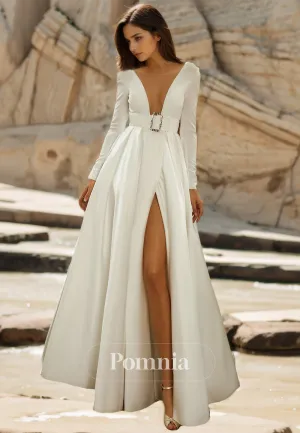 Deep V-Neck Long Sleeves Side Slit Empire-Waist Satin Wedding Dress