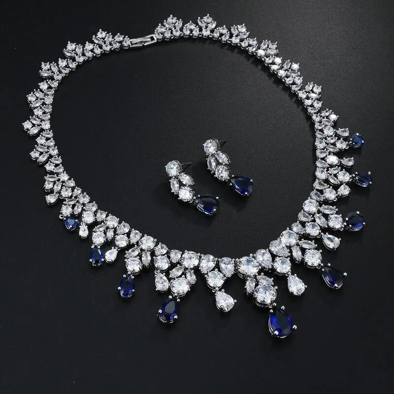 Delightful Long Necklace AAA  Quality Cubic Zirconium Multi Crystals 1 Piece Bridal Wedding Jewelry Set