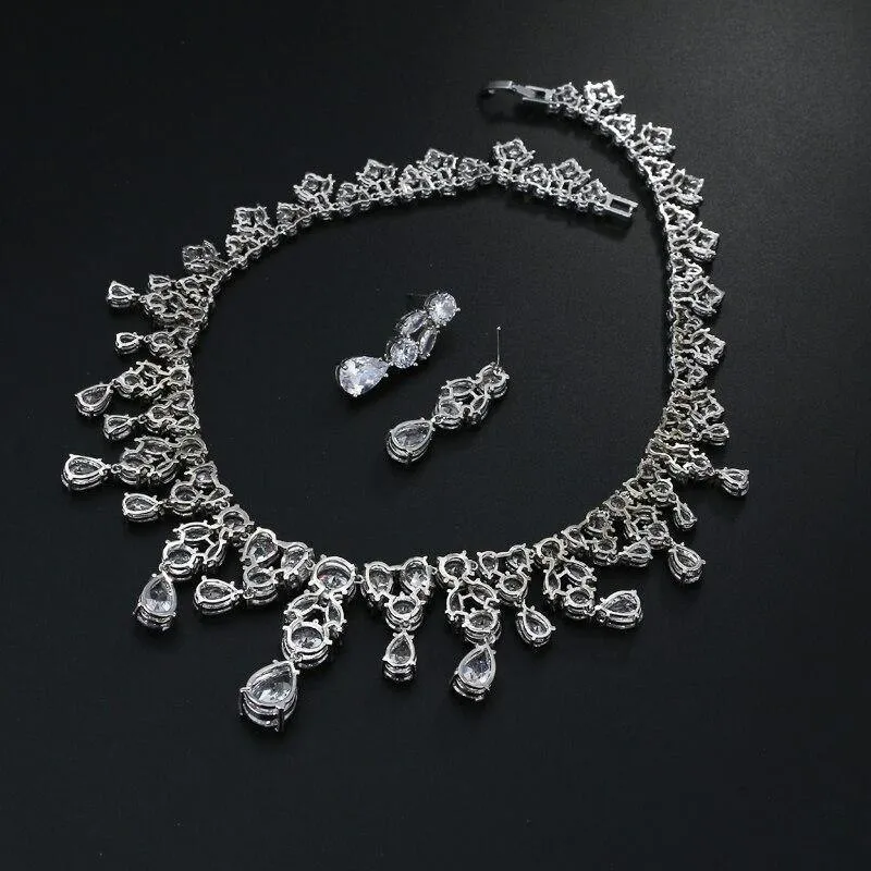 Delightful Long Necklace AAA  Quality Cubic Zirconium Multi Crystals 1 Piece Bridal Wedding Jewelry Set