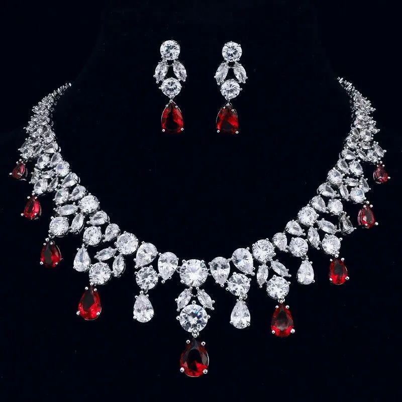 Delightful Long Necklace AAA  Quality Cubic Zirconium Multi Crystals 1 Piece Bridal Wedding Jewelry Set