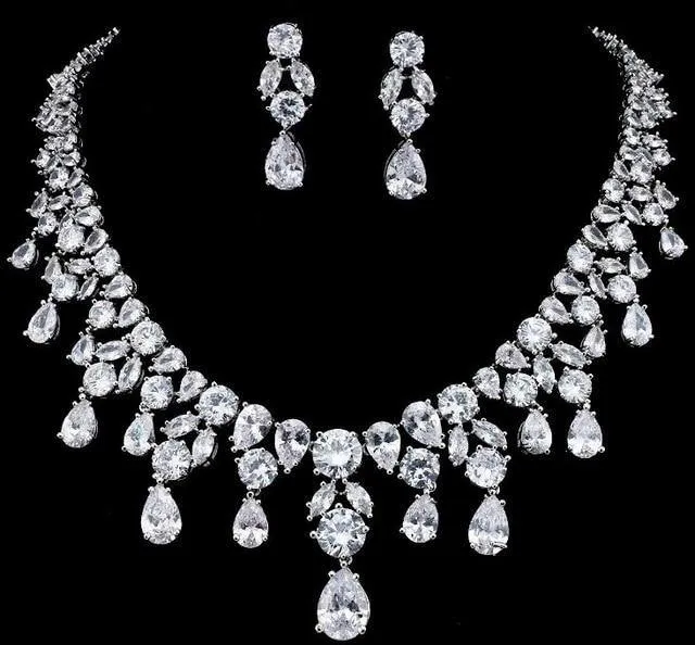 Delightful Long Necklace AAA  Quality Cubic Zirconium Multi Crystals 1 Piece Bridal Wedding Jewelry Set