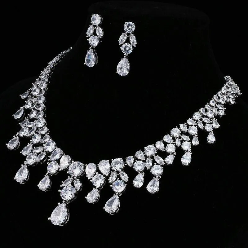Delightful Long Necklace AAA  Quality Cubic Zirconium Multi Crystals 1 Piece Bridal Wedding Jewelry Set