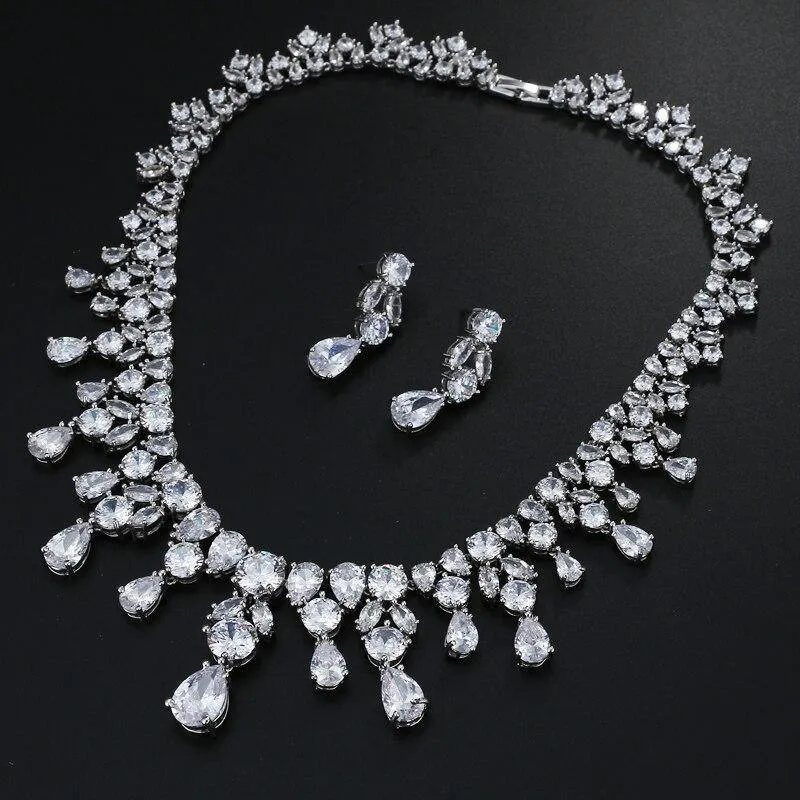 Delightful Long Necklace AAA  Quality Cubic Zirconium Multi Crystals 1 Piece Bridal Wedding Jewelry Set