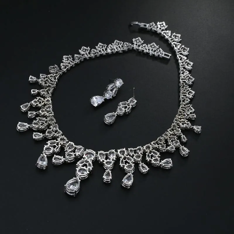 Delightful Long Necklace AAA  Quality Cubic Zirconium Multi Crystals 1 Piece Bridal Wedding Jewelry Set