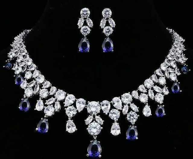 Delightful Long Necklace AAA  Quality Cubic Zirconium Multi Crystals 1 Piece Bridal Wedding Jewelry Set