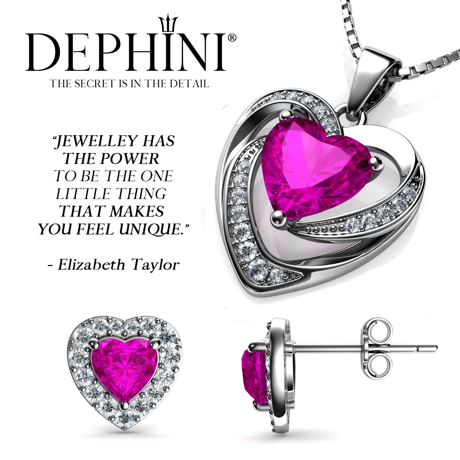 DEPHINI Pink Jewellery SET Heart Necklace & Heart Earrings Silver